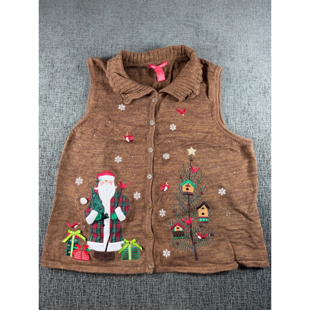 Merry & Bright Christmas Sweater Vest Brown Santa Birdhouse Embroidered XL